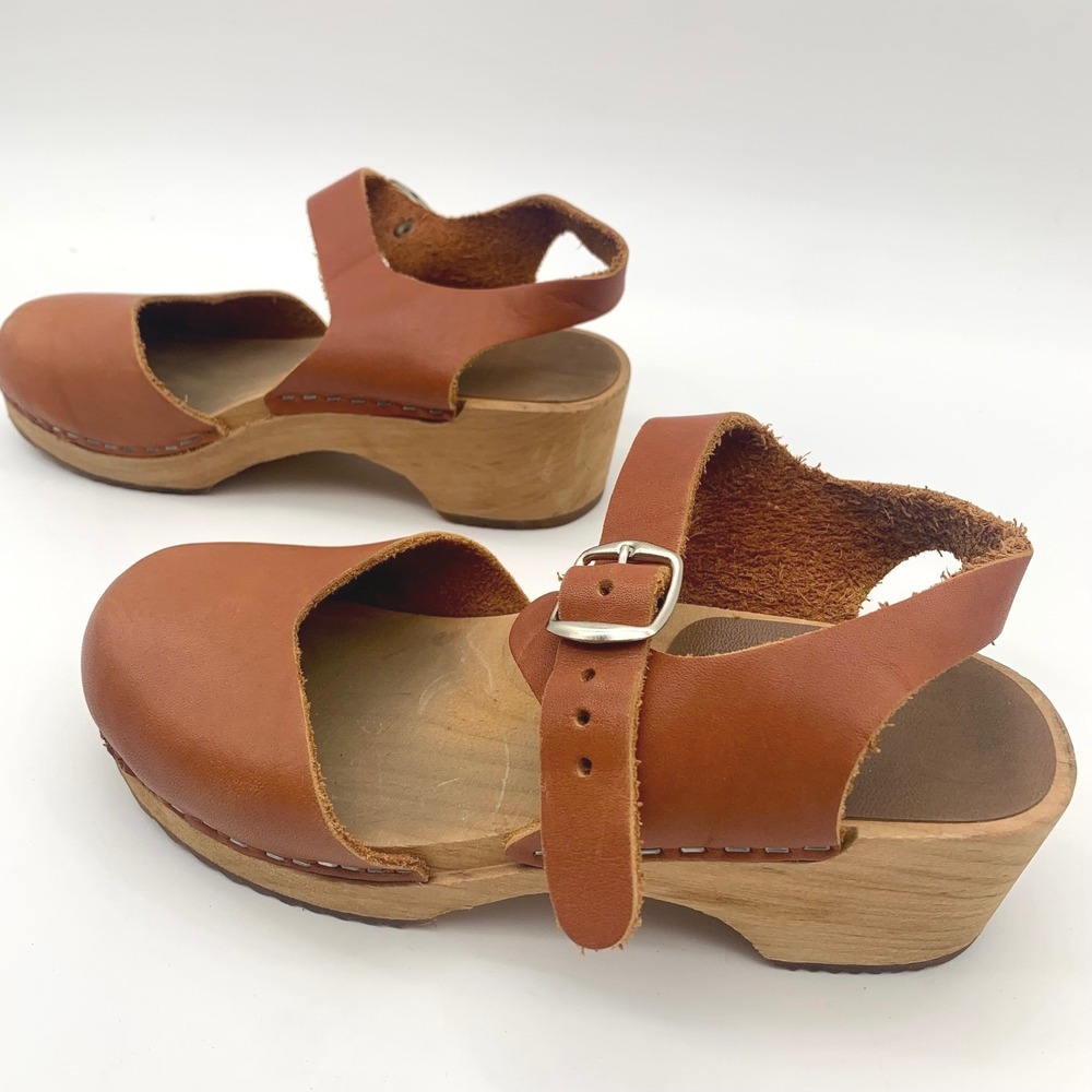 Mia Abba Clogs Womens 36 Luggage Brown Leather Wooden Ankle Strap Swedish Sandal